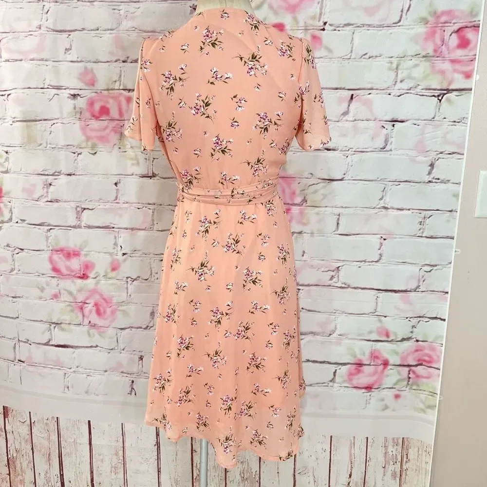 Lulu's Women's True Wrap Floral Short Sleeve Belted Pink Sundress Size S - Picture 5 of 11